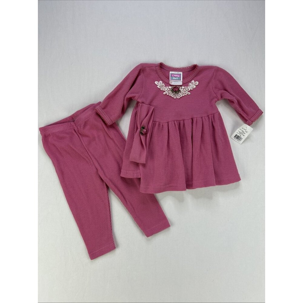 Vintage Claire Bell Baby Girl Set 18 Month Pink Waffleknit Pants Dress Headband